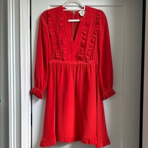 Kate Spade Vibrant Orange Red Ruffle Long Sleeved Dress Size 2